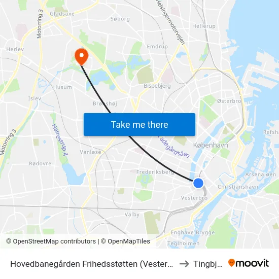 Hovedbanegården Frihedsstøtten (Vesterbrogade) to Tingbjerg map