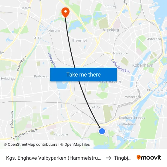 Kgs. Enghave Valbyparken (Hammelstrupvej) to Tingbjerg map