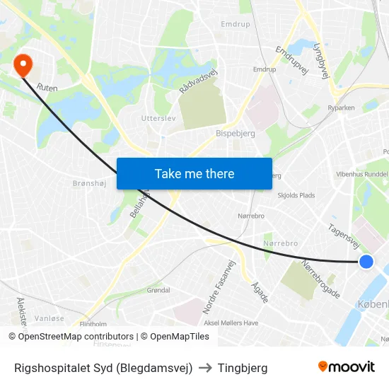 Rigshospitalet Syd (Blegdamsvej) to Tingbjerg map