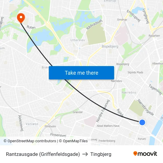 Rantzausgade (Griffenfeldsgade) to Tingbjerg map