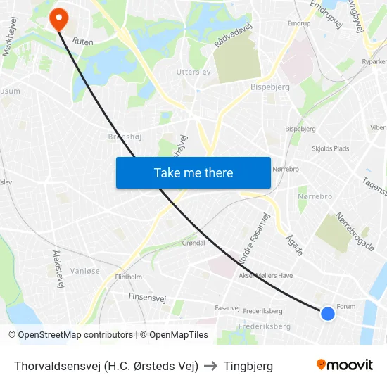 Thorvaldsensvej (H.C. Ørsteds Vej) to Tingbjerg map