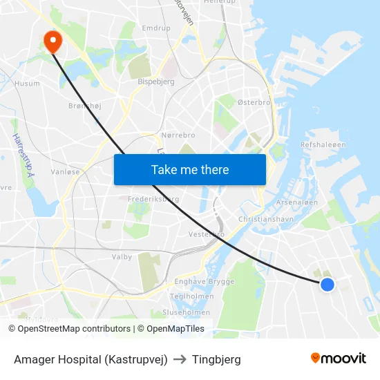 Amager Hospital (Kastrupvej) to Tingbjerg map