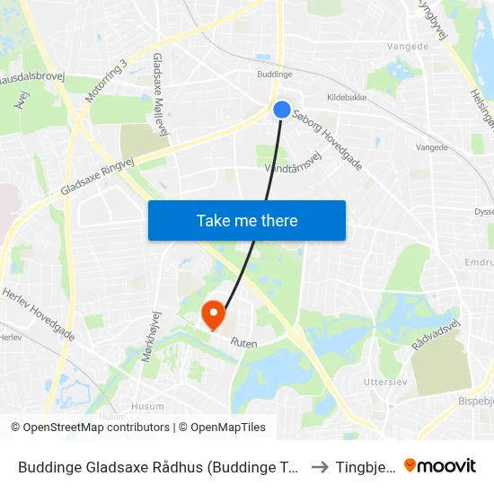 Buddinge Gladsaxe Rådhus (Buddinge Torv) to Tingbjerg map