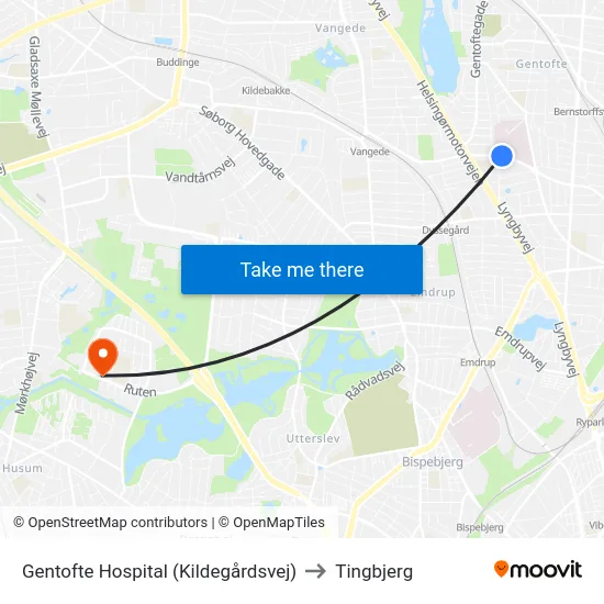 Gentofte Hospital (Kildegårdsvej) to Tingbjerg map
