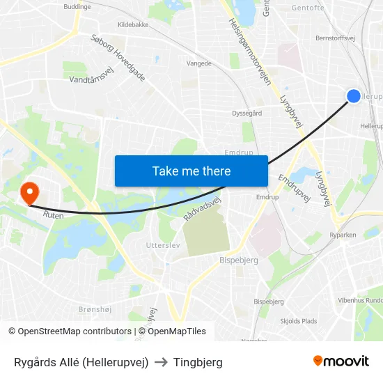 Rygårds Allé (Hellerupvej) to Tingbjerg map