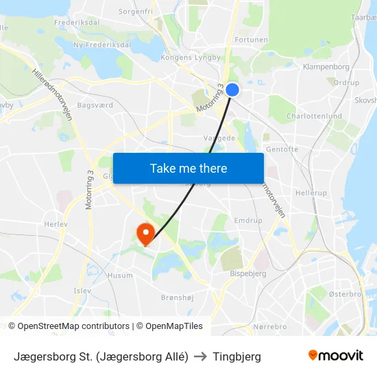 Jægersborg St. (Jægersborg Allé) to Tingbjerg map