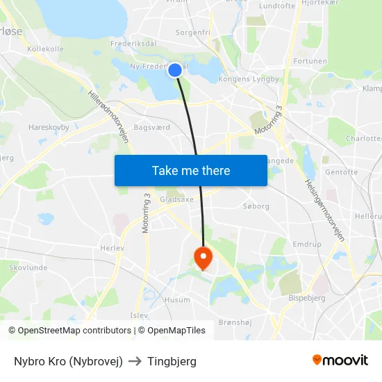 Nybro Kro (Nybrovej) to Tingbjerg map