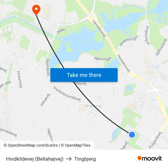 Hvidkildevej (Bellahøjvej) to Tingbjerg map