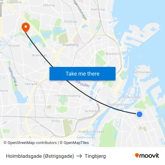 Holmbladsgade (Østrigsgade) to Tingbjerg map