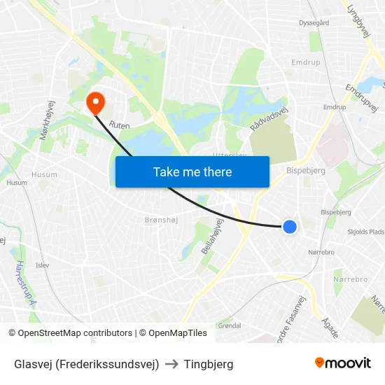 Glasvej (Frederikssundsvej) to Tingbjerg map