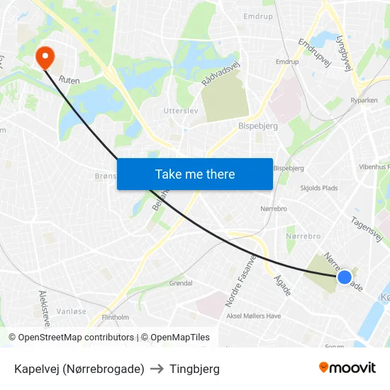 Kapelvej (Nørrebrogade) to Tingbjerg map