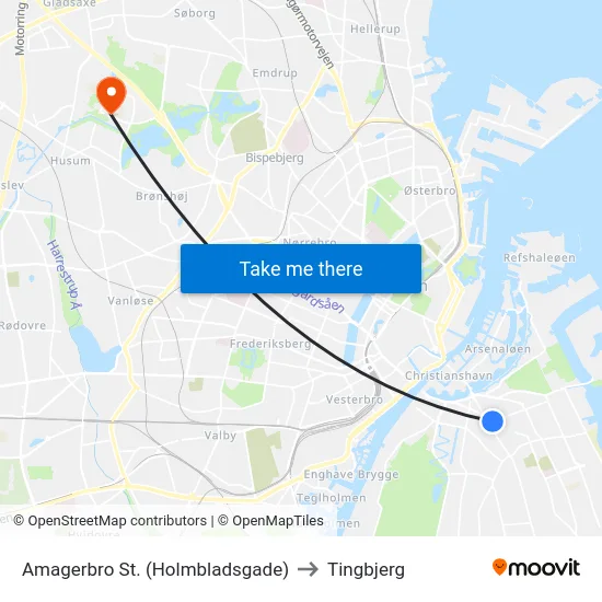 Amagerbro St. (Holmbladsgade) to Tingbjerg map