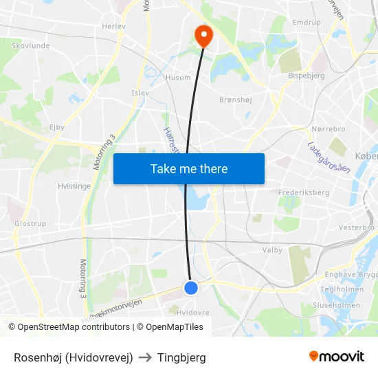 Rosenhøj (Hvidovrevej) to Tingbjerg map