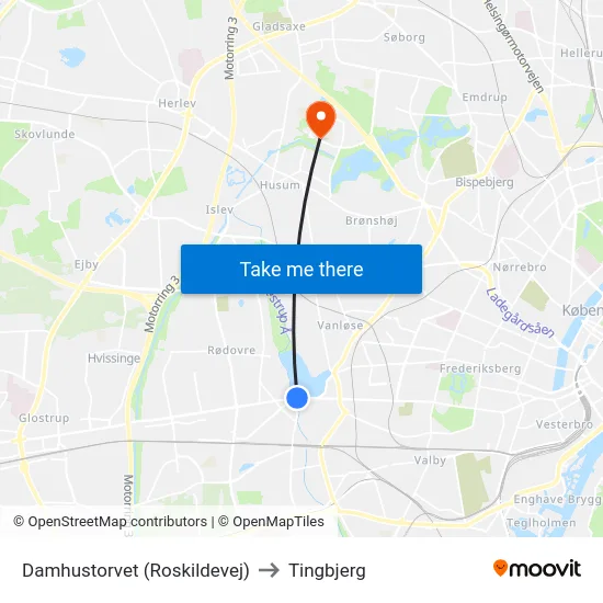 Damhustorvet (Roskildevej) to Tingbjerg map