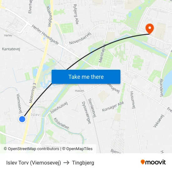 Islev Torv (Viemosevej) to Tingbjerg map