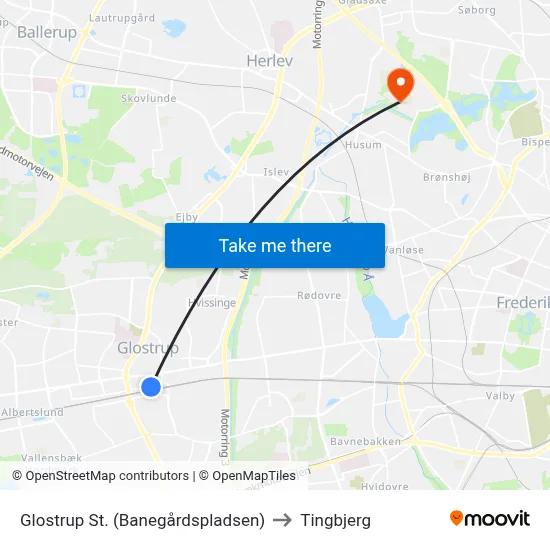 Glostrup St. (Banegårdspladsen) to Tingbjerg map