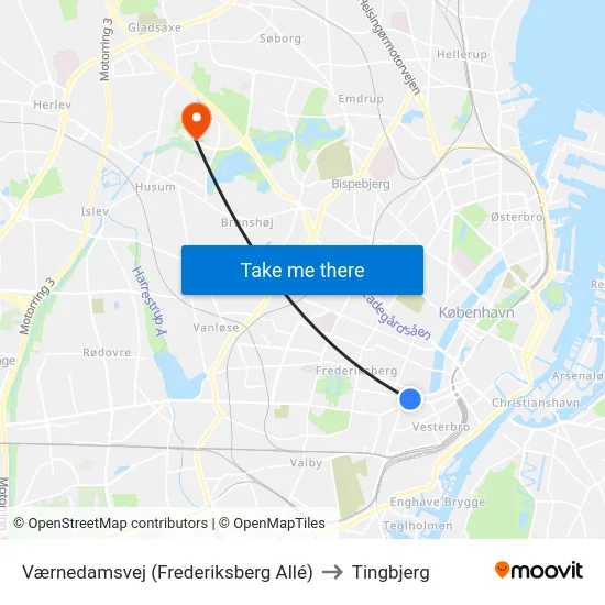 Værnedamsvej (Frederiksberg Allé) to Tingbjerg map