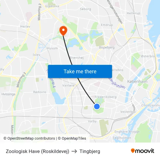 Zoologisk Have (Roskildevej) to Tingbjerg map