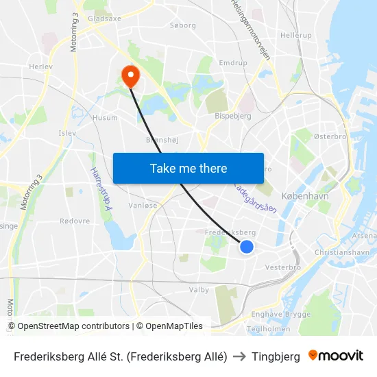 Frederiksberg Allé St. (Frederiksberg Allé) to Tingbjerg map