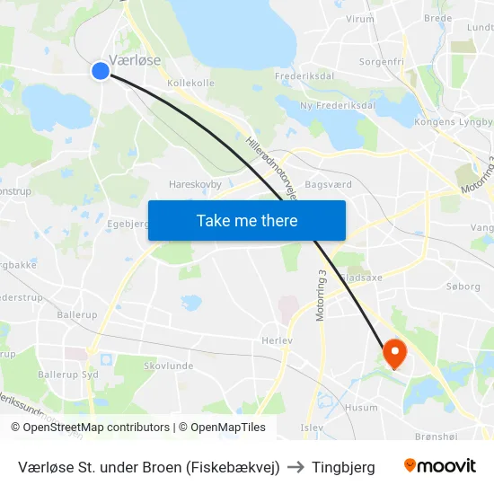 Værløse St. under Broen (Fiskebækvej) to Tingbjerg map