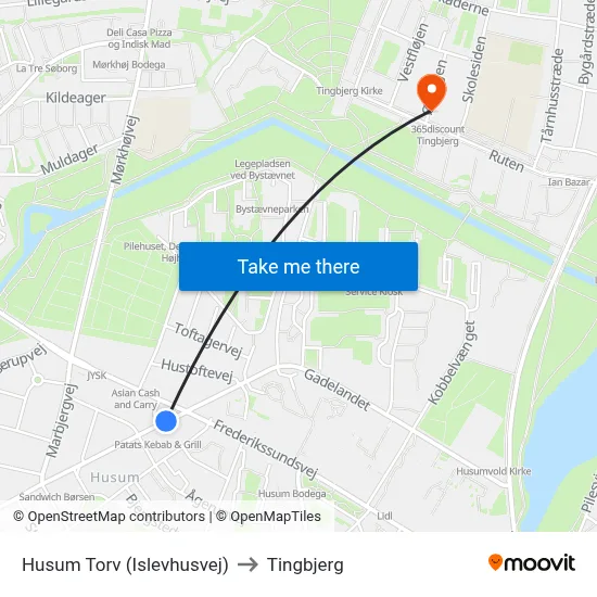 Husum Torv (Islevhusvej) to Tingbjerg map