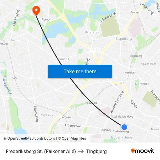 Frederiksberg St. (Falkoner Allé) to Tingbjerg map