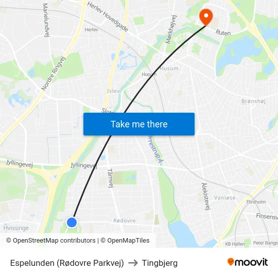 Espelunden (Rødovre Parkvej) to Tingbjerg map