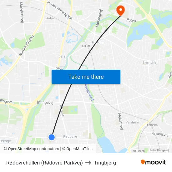 Rødovrehallen (Rødovre Parkvej) to Tingbjerg map