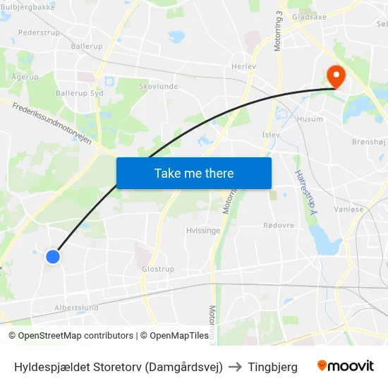 Hyldespjældet Storetorv (Damgårdsvej) to Tingbjerg map