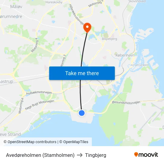 Avedøreholmen (Stamholmen) to Tingbjerg map