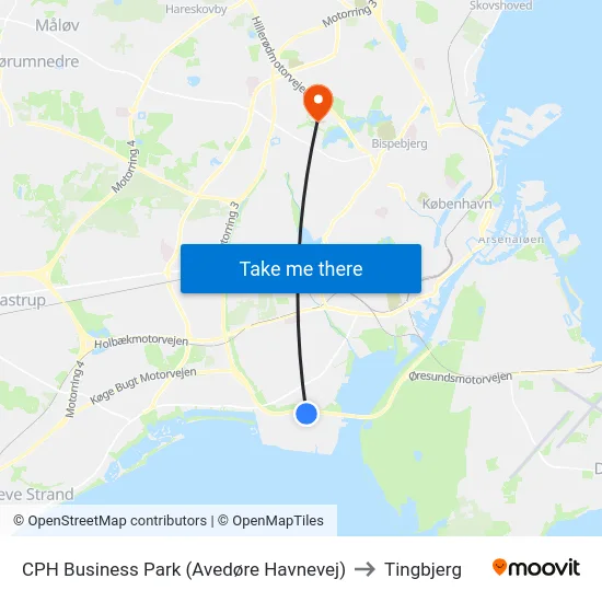 CPH Business Park (Avedøre Havnevej) to Tingbjerg map