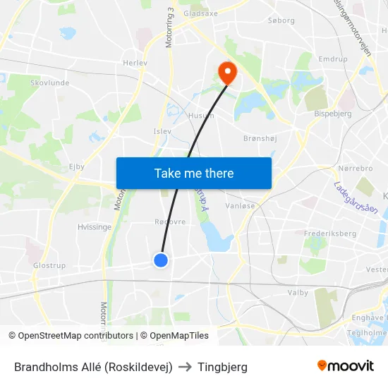 Brandholms Allé (Roskildevej) to Tingbjerg map