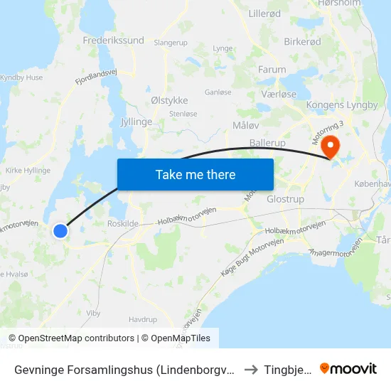 Gevninge Forsamlingshus (Lindenborgvej) to Tingbjerg map