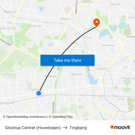 Glostrup Centret (Hovedvejen) to Tingbjerg map
