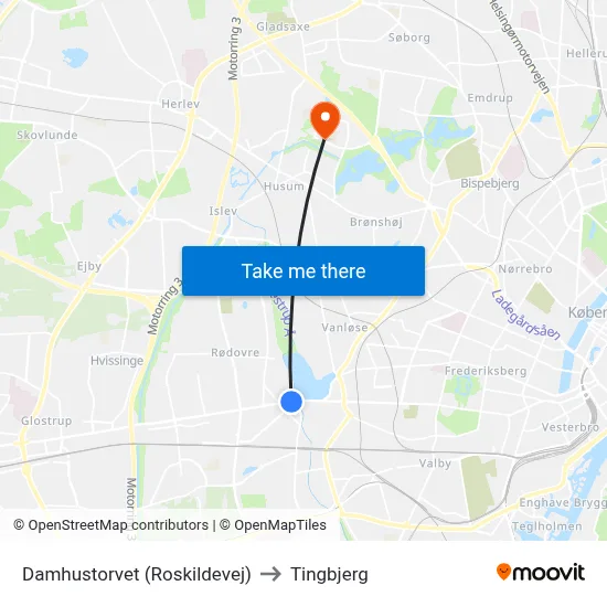 Damhustorvet (Roskildevej) to Tingbjerg map