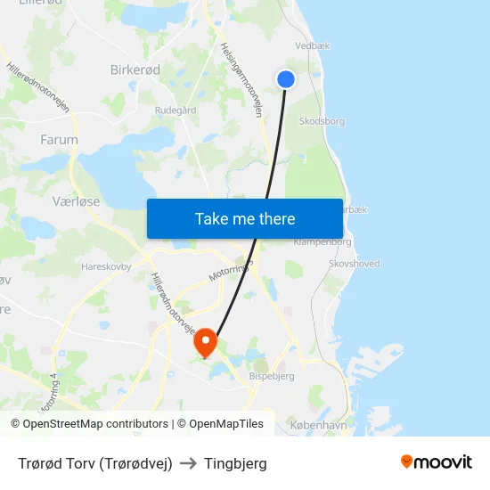 Trørød Torv (Trørødvej) to Tingbjerg map