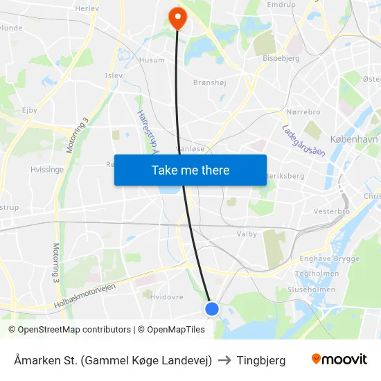 Åmarken St. (Gammel Køge Landevej) to Tingbjerg map