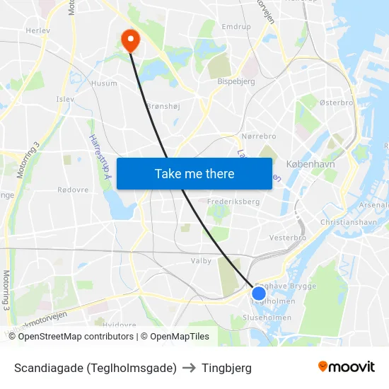 Scandiagade (Teglholmsgade) to Tingbjerg map