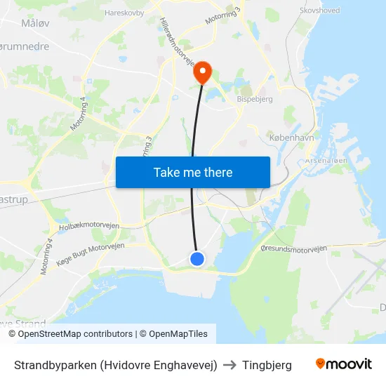 Strandbyparken (Hvidovre Enghavevej) to Tingbjerg map