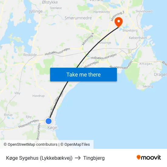 Køge Sygehus (Lykkebækvej) to Tingbjerg map