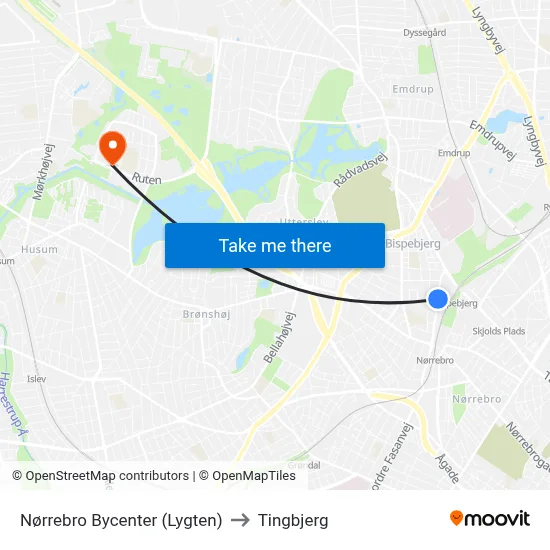 Nørrebro Bycenter (Lygten) to Tingbjerg map