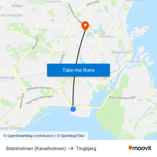Stamholmen (Kanalholmen) to Tingbjerg map