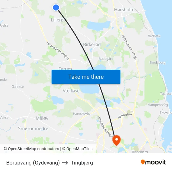 Borupvang (Gydevang) to Tingbjerg map