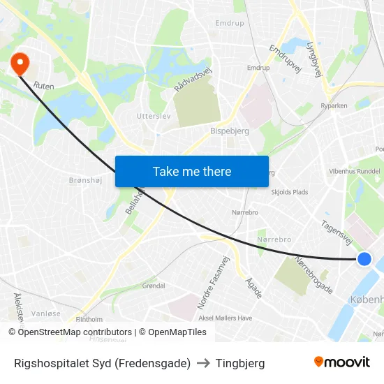 Rigshospitalet Syd (Fredensgade) to Tingbjerg map