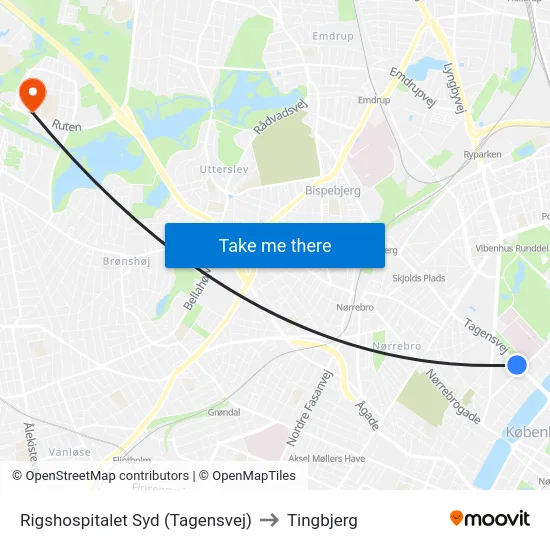 Rigshospitalet Syd (Tagensvej) to Tingbjerg map
