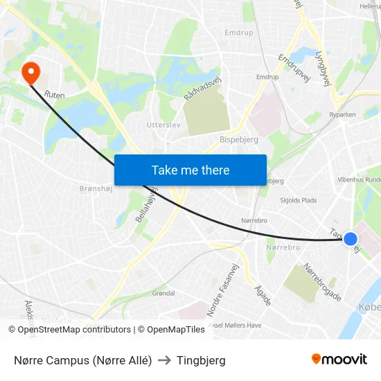 Nørre Campus (Nørre Allé) to Tingbjerg map
