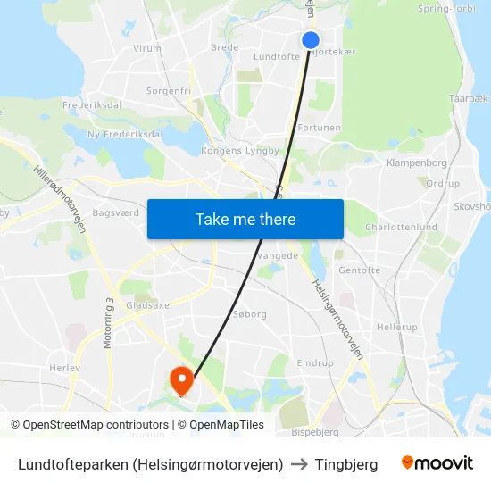 Lundtofteparken (Helsingørmotorvejen) to Tingbjerg map