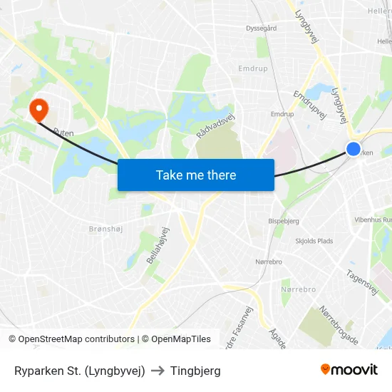 Ryparken St. (Lyngbyvej) to Tingbjerg map