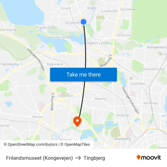 Frilandsmuseet (Kongevejen) to Tingbjerg map
