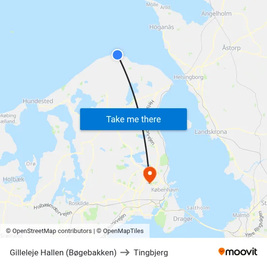 Gilleleje Hallen (Bøgebakken) to Tingbjerg map